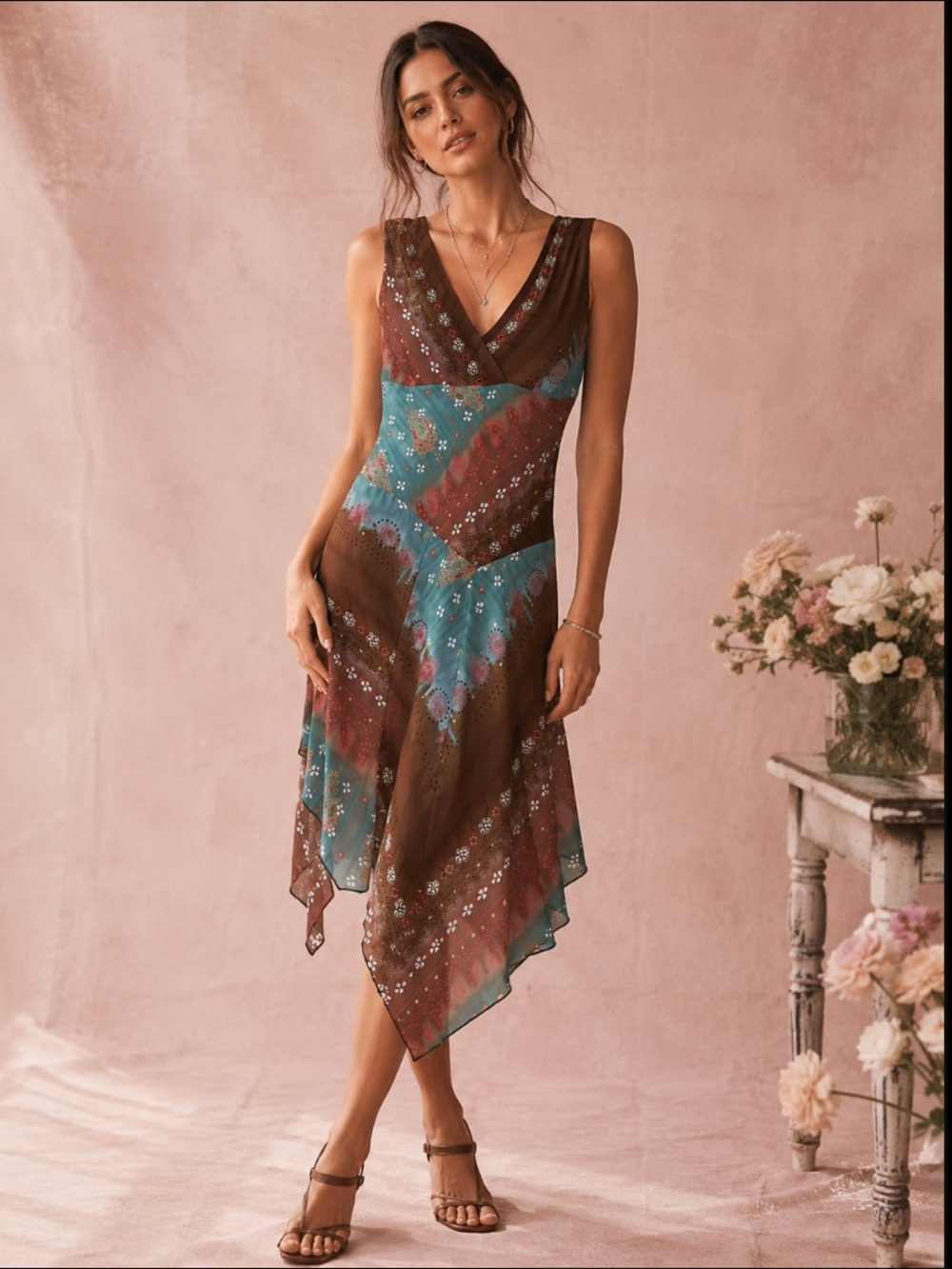 Jessica Y2k Boho Patchwork Handkerchief Hem Dress 14 Sleeveless V-Neck Midi